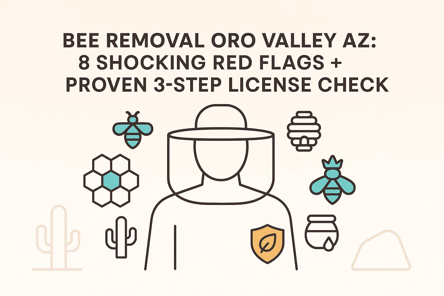 Bee removal Oro Valley AZ guide featuring red flags and a three-step license check, with bees, honey, and a beekeeper illustration.