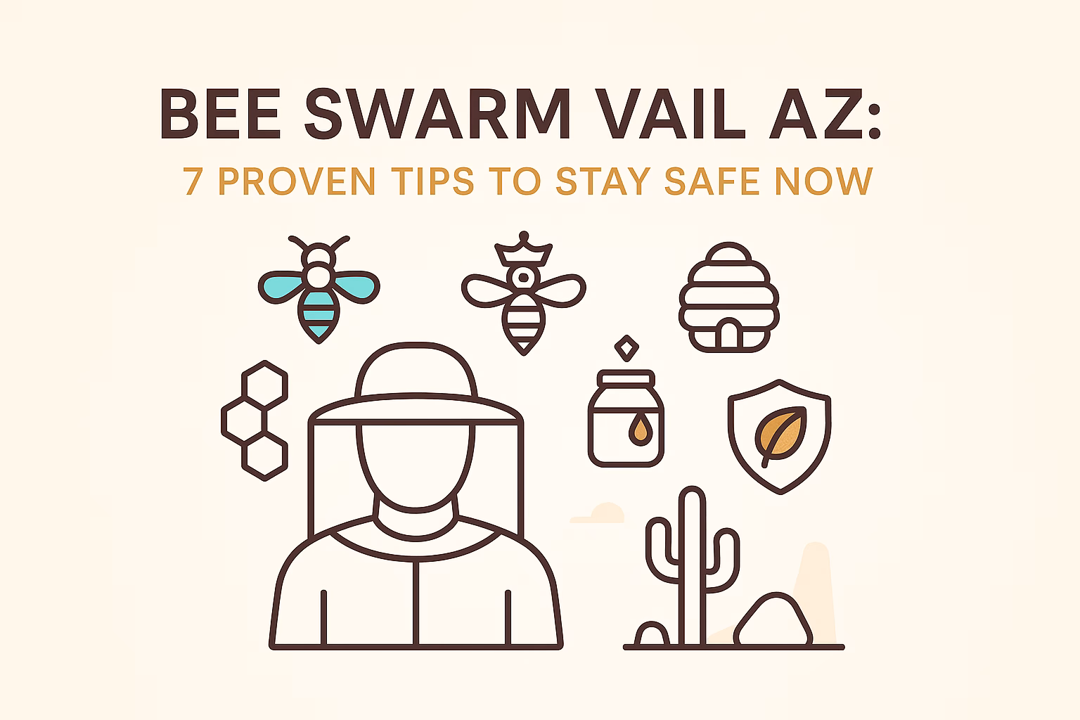 Bee swarm Vail AZ: graphic featuring tips for safety, images of bees, honey, a beekeeper, and desert plants.