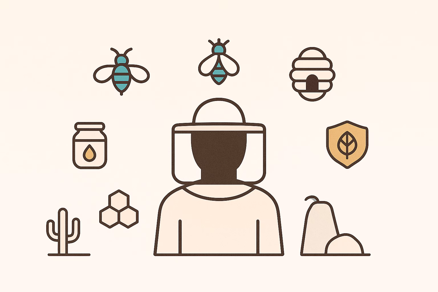 Illustration of a person in a beekeeper suit with bees, honey, a hive, and cacti, representing Catalina bee removal services.