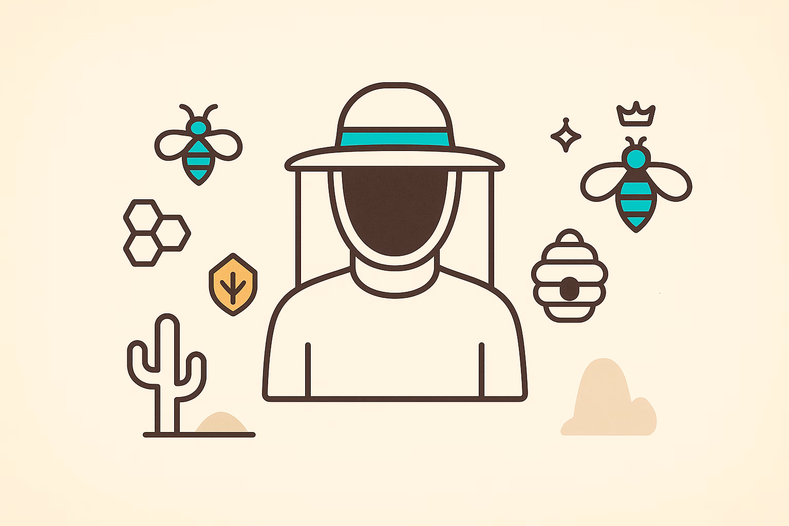 Vector illustration of a beekeeper, bees, honeycomb, and cacti, representing Green Valley bee removal services.