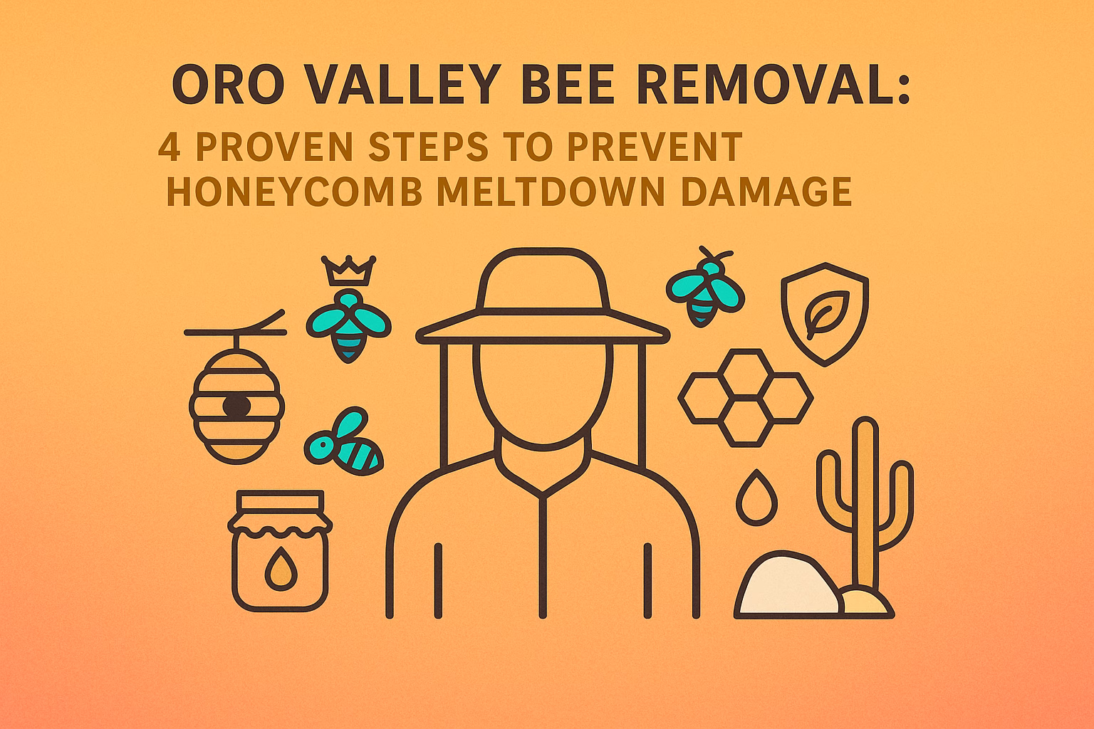 Oro Valley Bee Removal infographic outlining four steps to prevent honeycomb meltdown damage, featuring bees and a beekeeper.