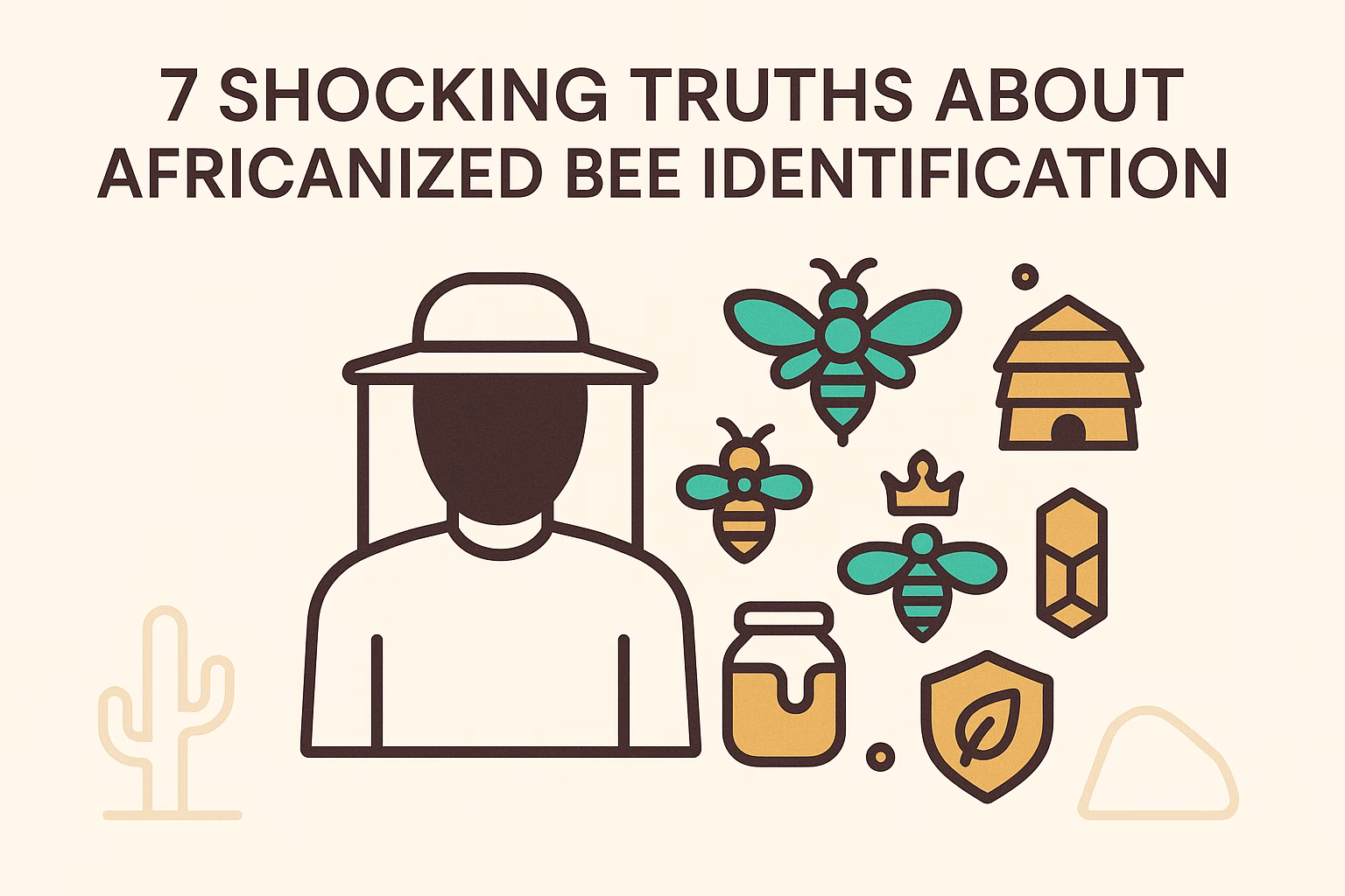 7 shocking truths about Africanized bee identification, featuring illustrations of bees, a beekeeper, and a hive.