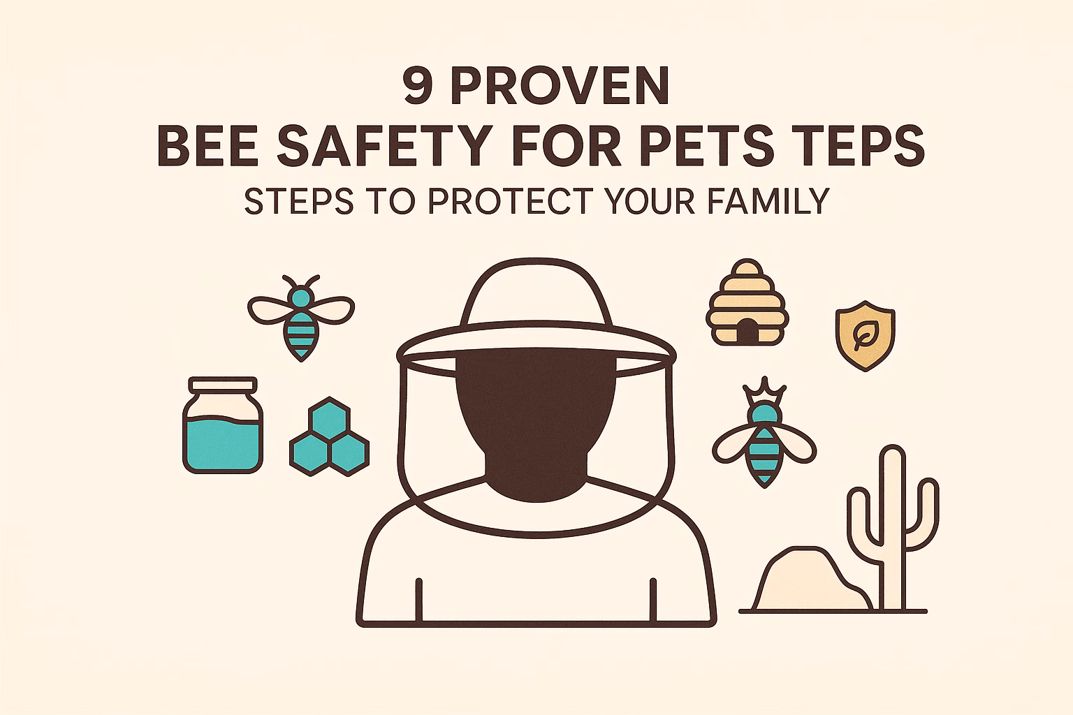 9 proven bee safety for pets steps illustrated with icons of bees, a beekeeper, and protective gear.