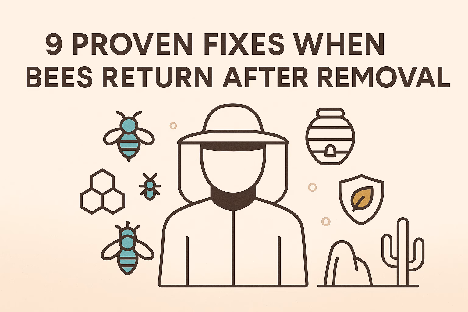 9 proven fixes when bees return after removal, with illustrations of bees, honeycomb, and a person in protective gear.