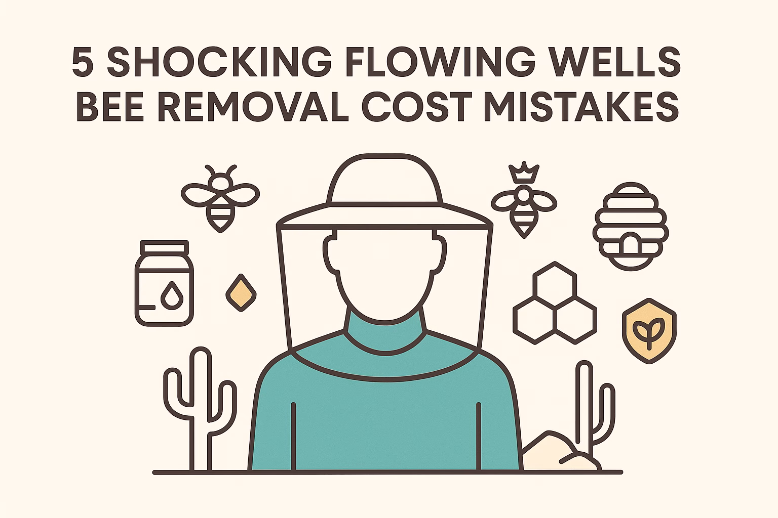 5 shocking mistakes about Flowing Wells bee removal costs with icons of bees, honey, and nature elements.