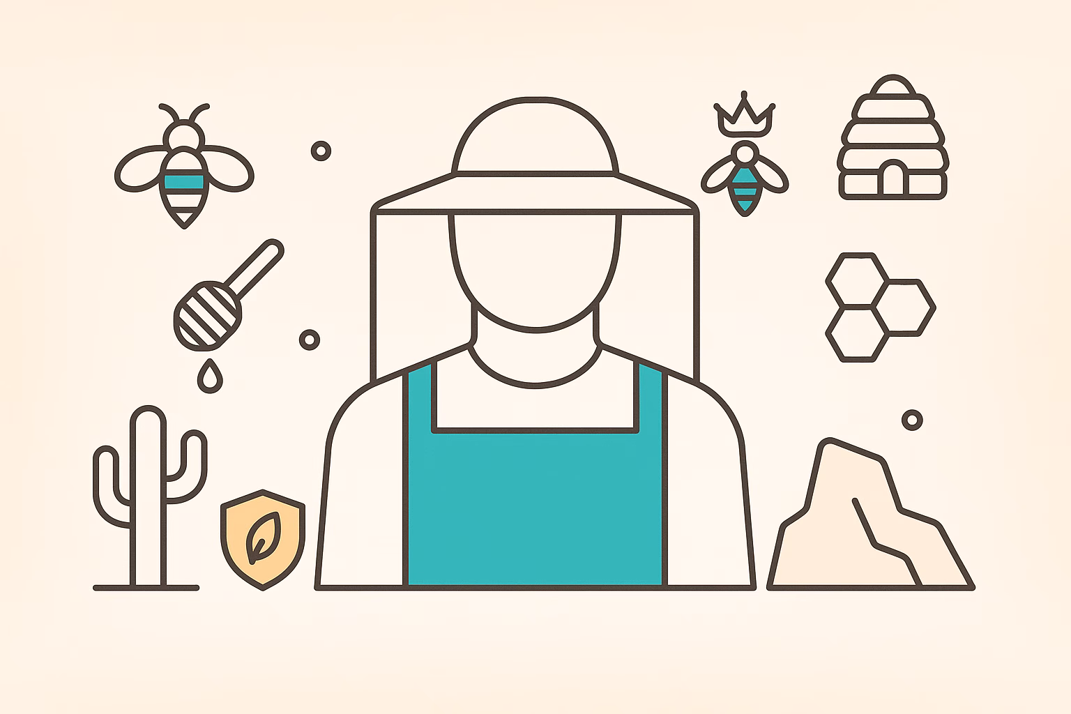 Beekeeper with protective gear surrounded by bees, honey, hive, cactus, and icons related to the history of Africanized bees.