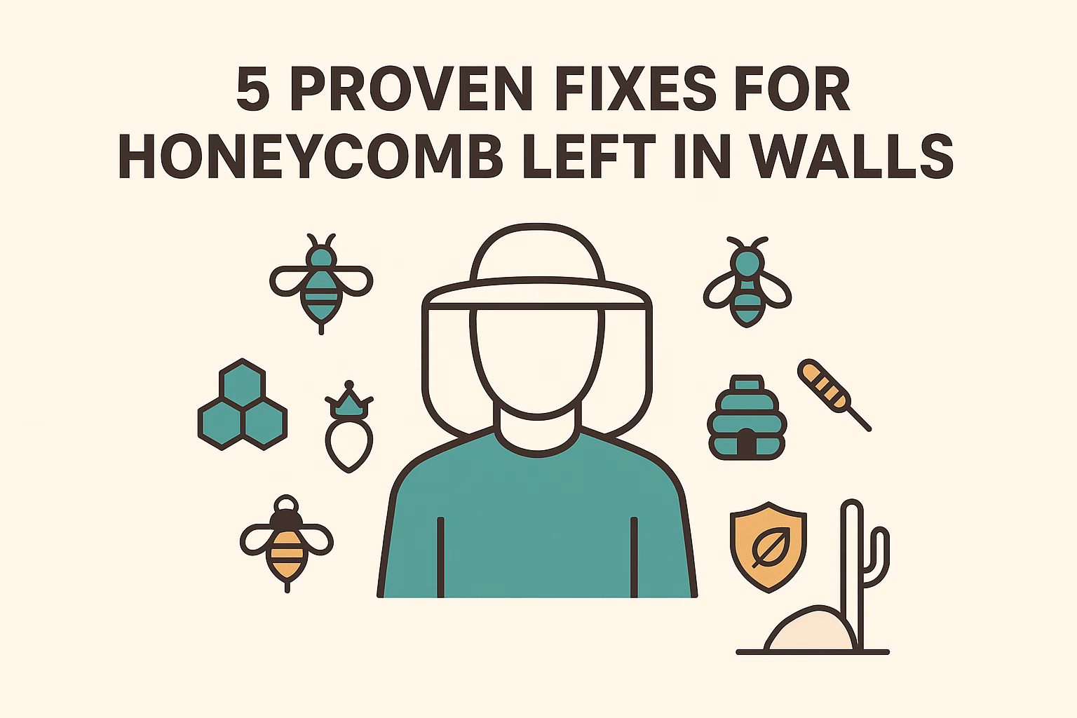 5 proven fixes for honeycomb left in walls, featuring a person in protective gear and illustrations of bees and honeycomb.