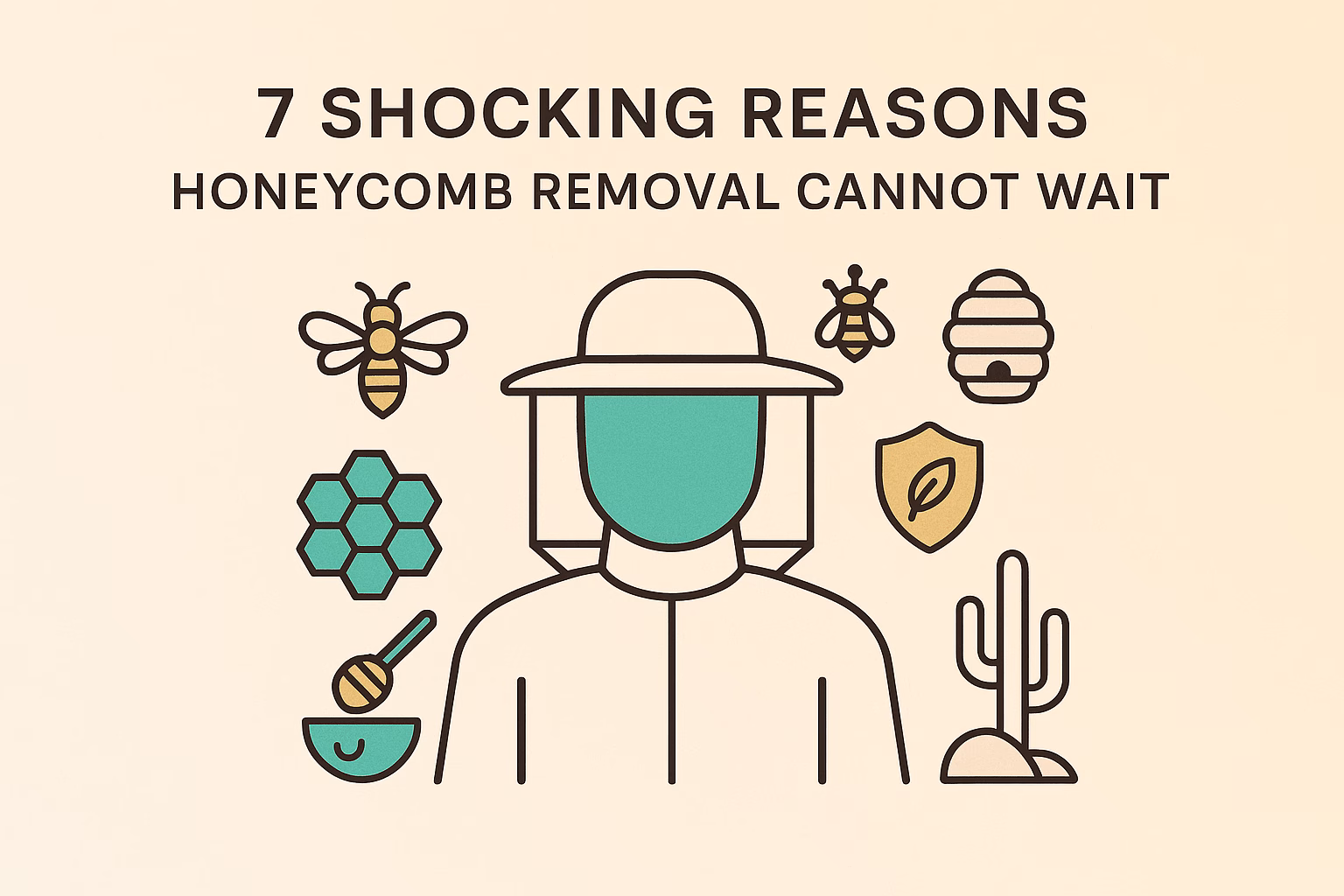 7 reasons why honeycomb removal cannot wait, featuring bees, a beekeeper, and icons of honey and nature.