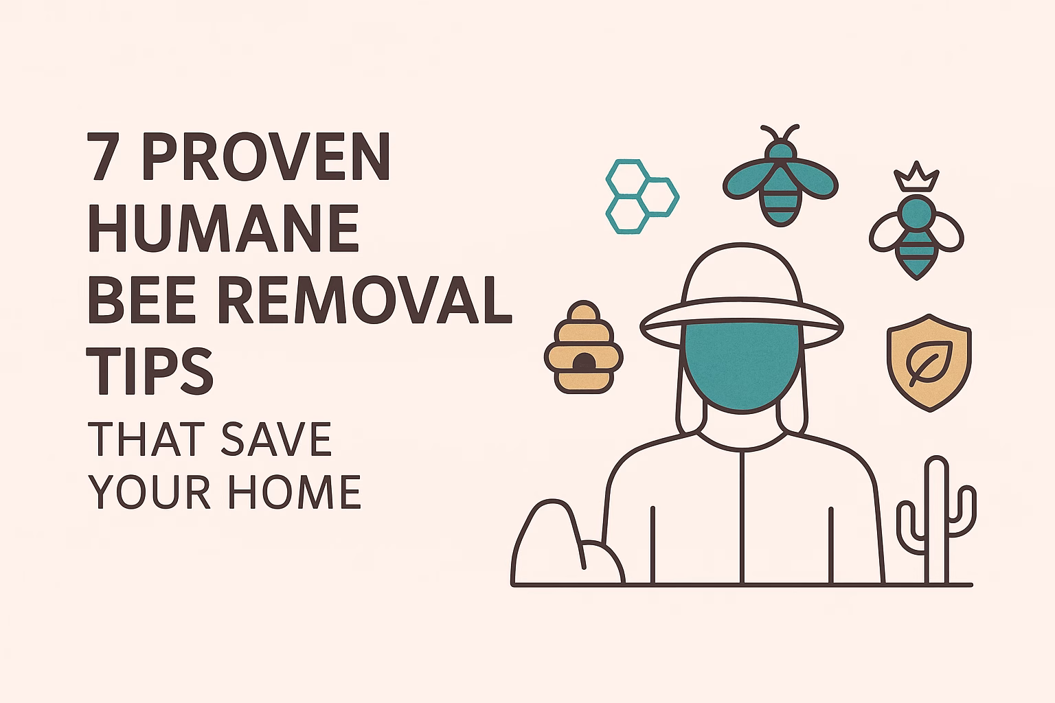7 Proven humane bee removal tips with icons and a person in beekeeper attire against a light background.