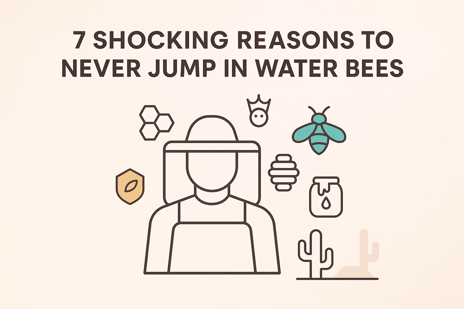 7 reasons listed with icons explaining why you should never jump in water bees, featuring a beekeeper illustration.