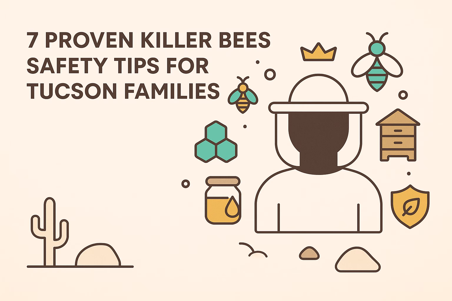 7 proven killer bees safety tips for Tucson families, featuring illustrations of bees, a beekeeper, and safety icons.