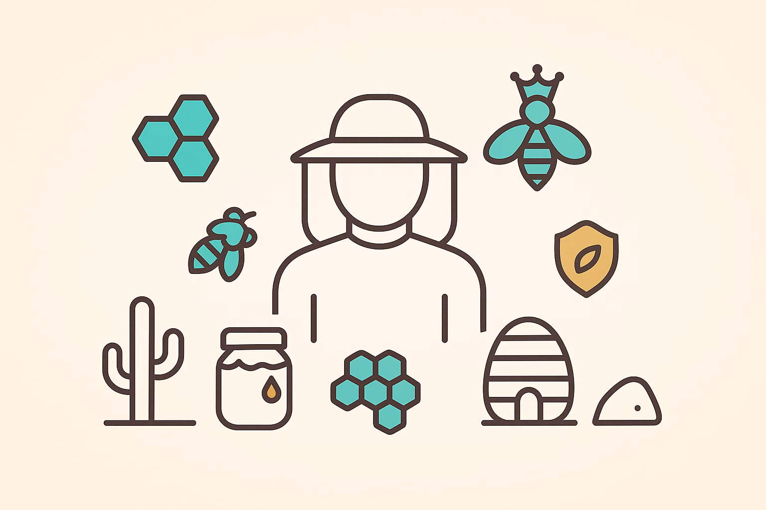 South Tucson bee removal expert surrounded by bees, honey jar, hive, cactus, and protective gear icons.