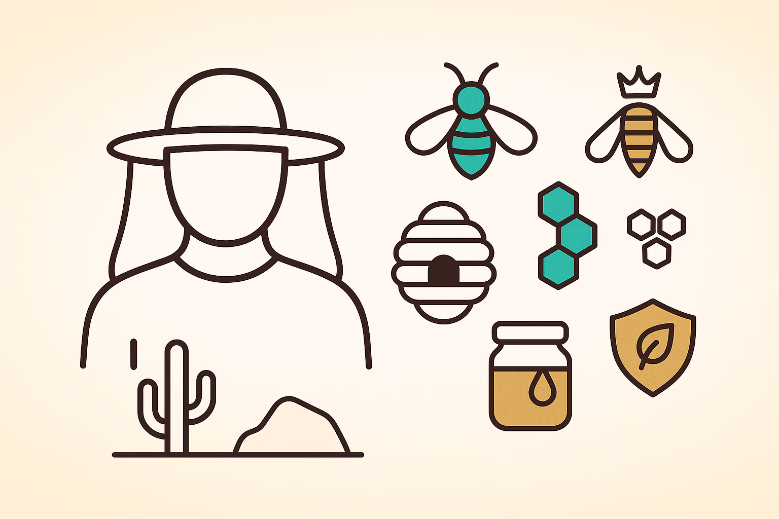 A person in a hat stands next to icons of bees, hives, honey, and a cactus, questioning: are all honey bees are Africanized.