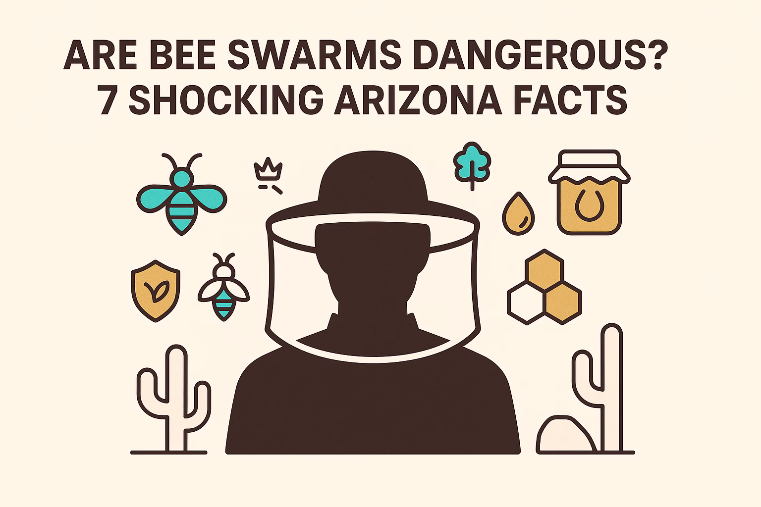 Are bee swarms dangerous? Graphic with a beekeeper, bees, honey, and Arizona elements. Text: