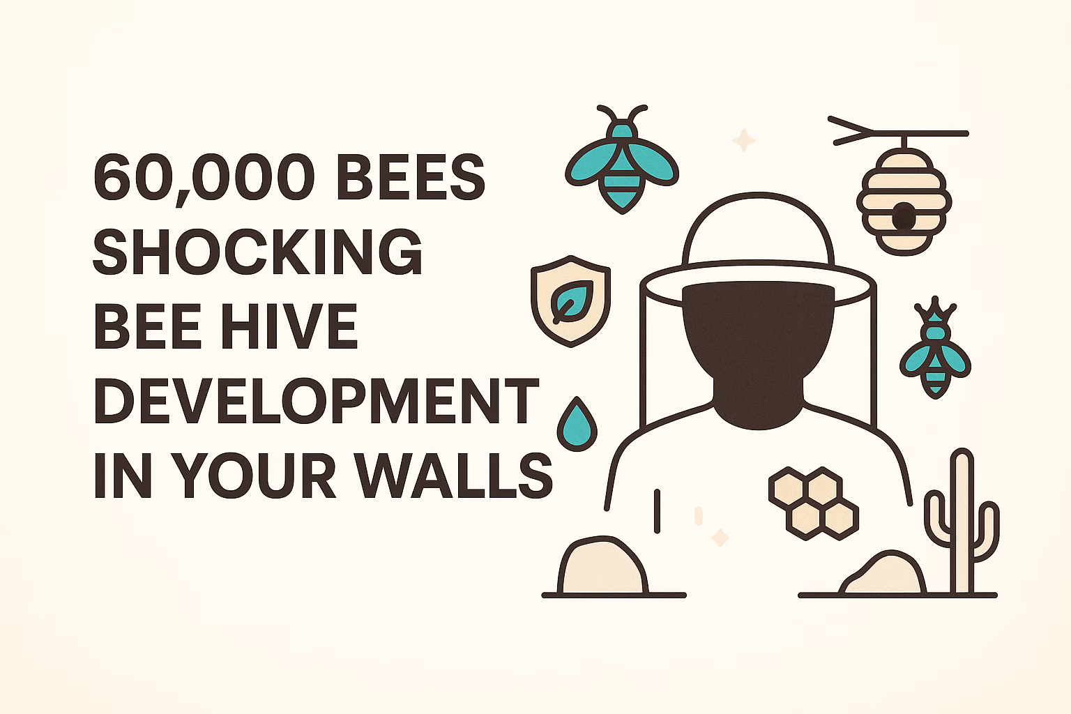 60,000 bees highlight shocking bee hive development in your walls with icons of bees, a beekeeper, and nature elements.