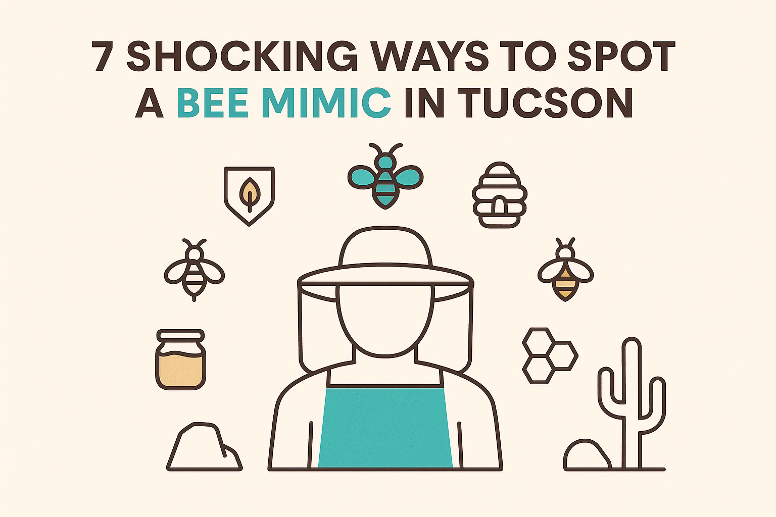 7 ways to identify a bee mimic in Tucson, featuring an illustration of a bee keeper and related icons.