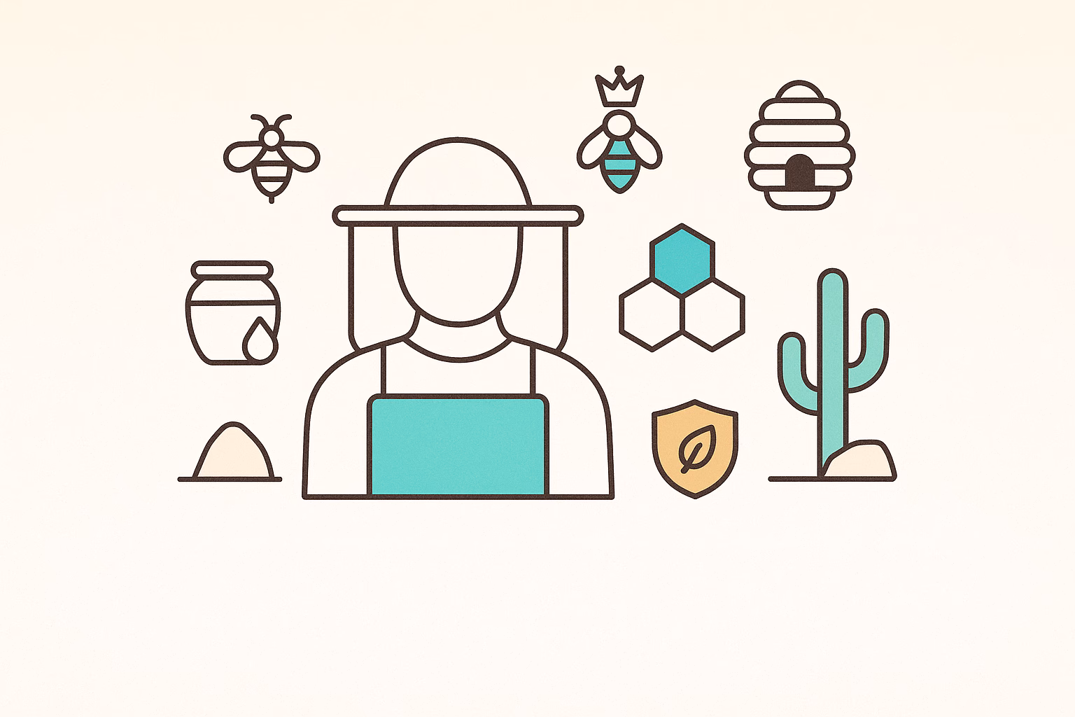 Beekeeper surrounded by bees, honey jar, hive, and symbols of nature, illustrating bee removal cost factors.