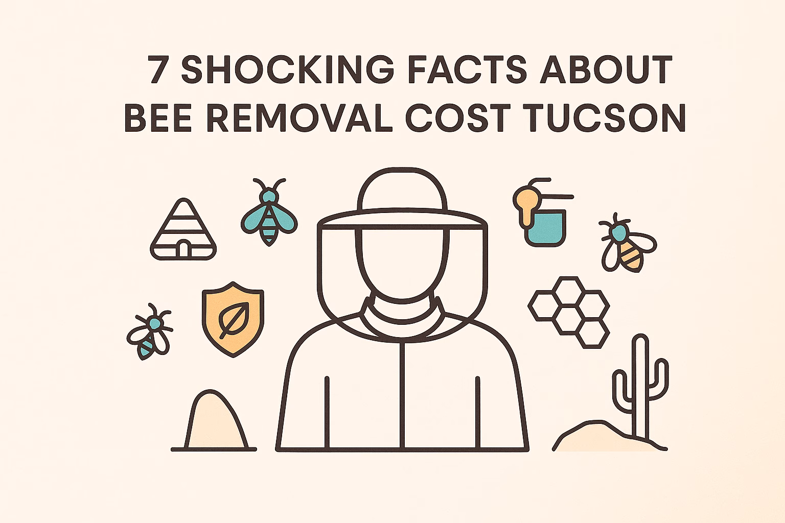 7 facts about bee removal cost Tucson, featuring a beekeeper with icons of bees, honeycomb, and a cactus.