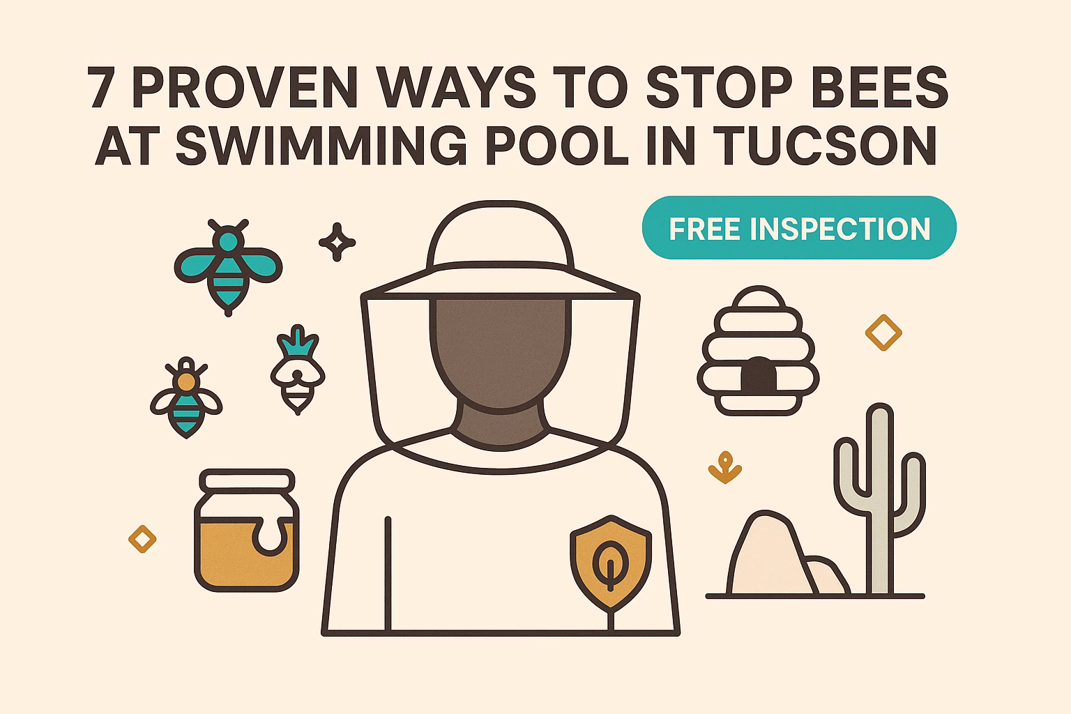 7 ways to stop bees at swimming pool in Tucson; includes bees, honey jar, beekeeper, and cactus illustrations.