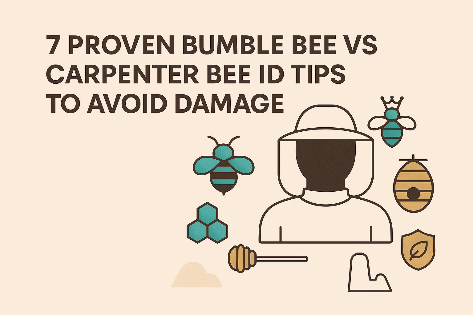 7 tips for identifying bumble bee vs carpenter bee to prevent damage, with icons of bees and beekeeping tools.