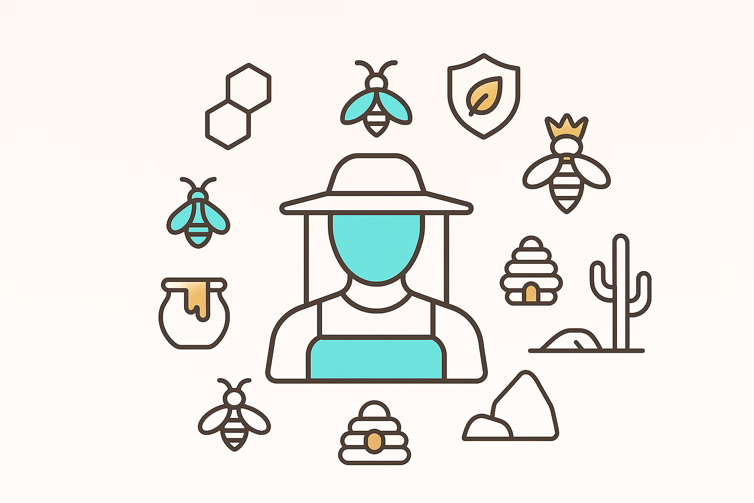 Illustration of a beekeeper with bees, hives, and honey, highlighting concerns about carpenter bee damage.