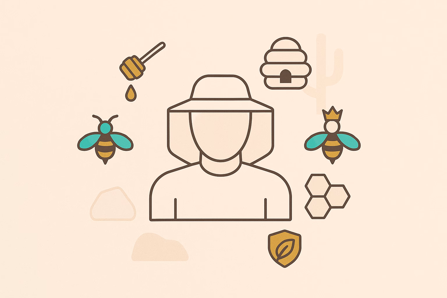 Illustration featuring a beekeeper, bees, honey, and a hive, emphasizing carpenter bees Tucson and local pollination.