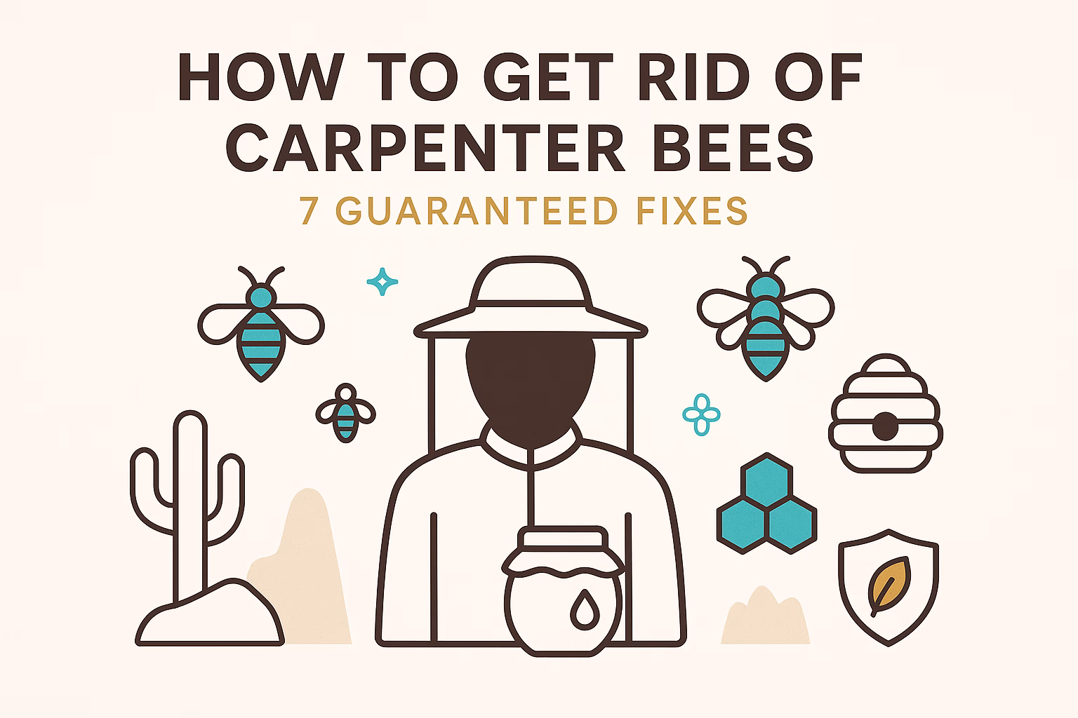 How to get rid of carpenter bees with a person holding honey and surrounded by bees, hives, and nature elements.