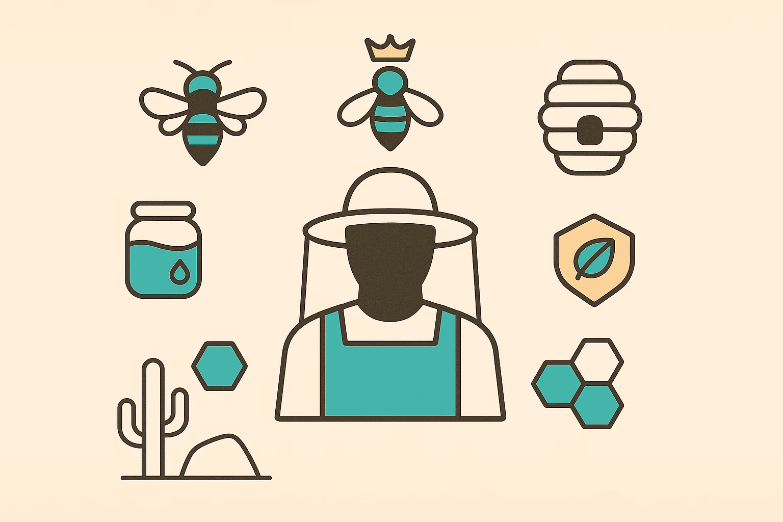 Icons representing licensed bee removal Arizona, featuring bees, honey jar, beekeeper, and cacti elements.