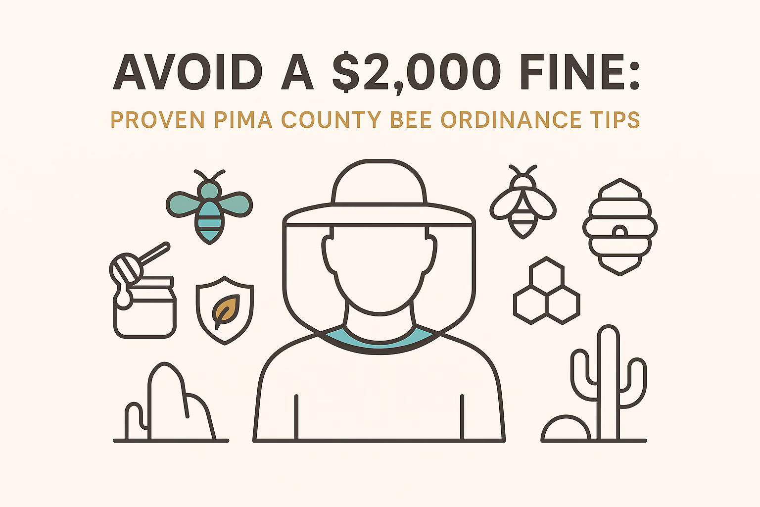 Avoiding a $2,000 fine: tips for Pima County bee ordinance, featuring bees, honey, and a beekeeping figure.