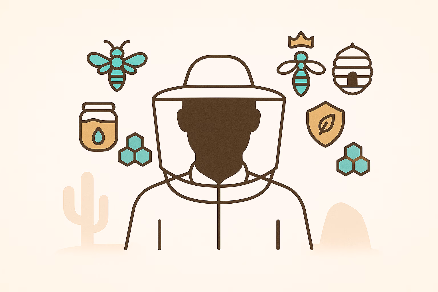 Scout bees and beekeeping elements surround a figure in protective gear, set against a desert background.