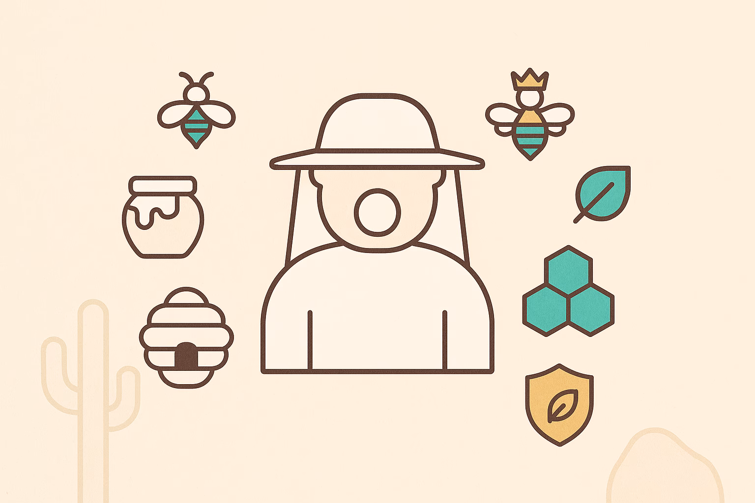 Illustration of a person in a hat surrounded by a teddy bear bee, honey jar, bee hive, leaves, and a shield.