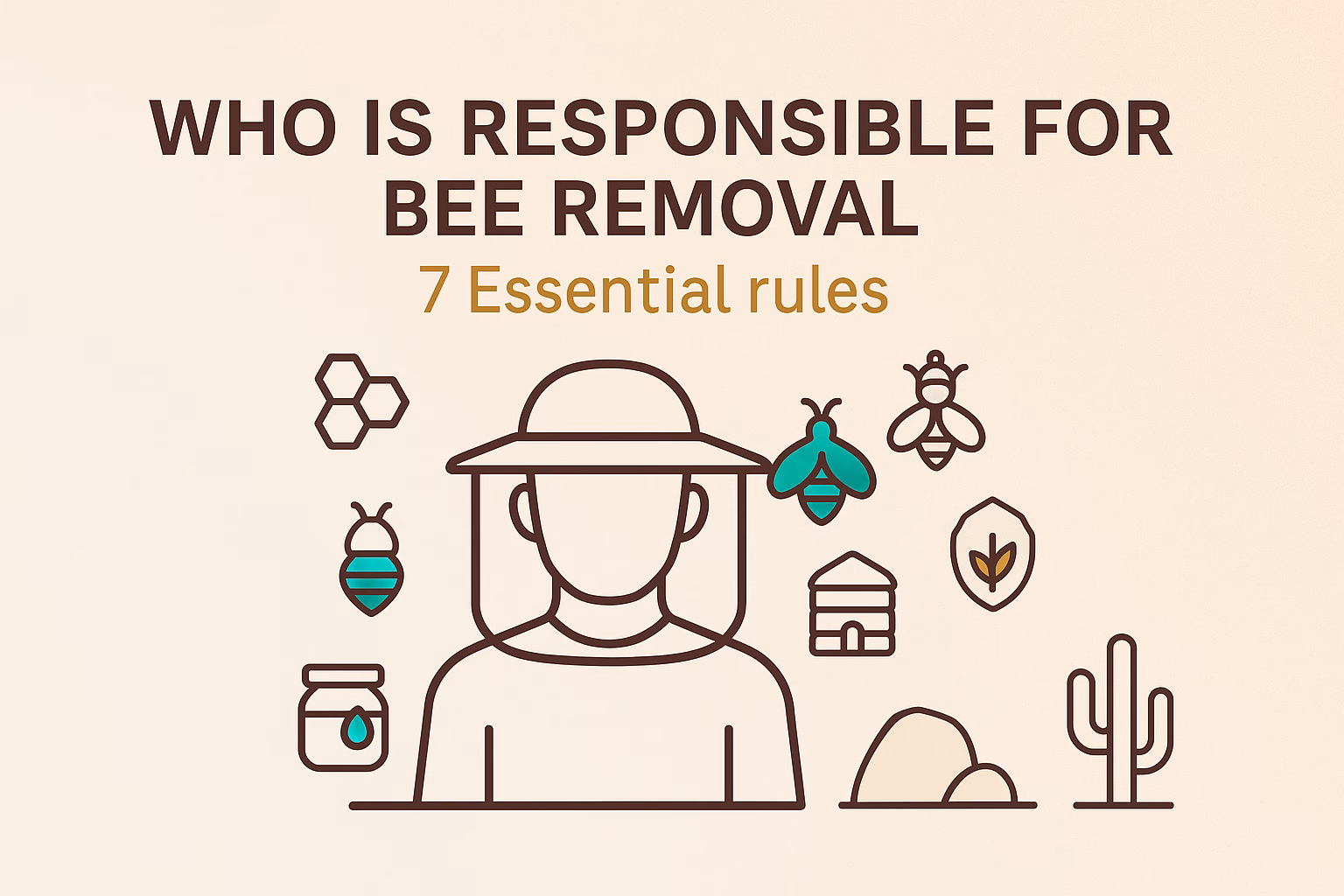 Who is responsible for bee removal? Iconic visuals depict a beekeeper, bees, honeycomb, and essential rules.