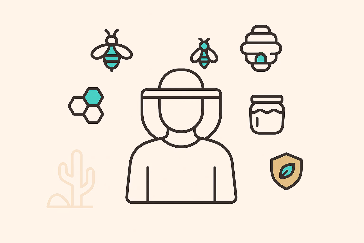Person wearing a beekeeper hat surrounded by bees, an active bee hive, honey jar, a cactus, and a shield icon.