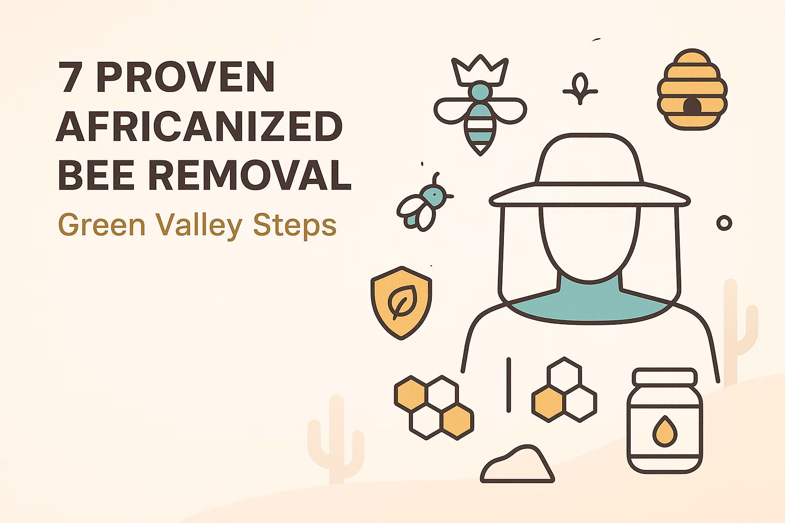 7 proven Africanized bee removal Green Valley steps with icons of bees, a beekeeper, and honeycomb.