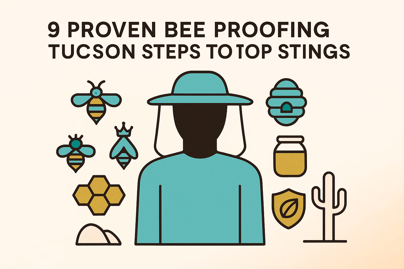9 proven bee proofing Tucson steps with illustrations of bees, honey, and a person wearing protective gear.