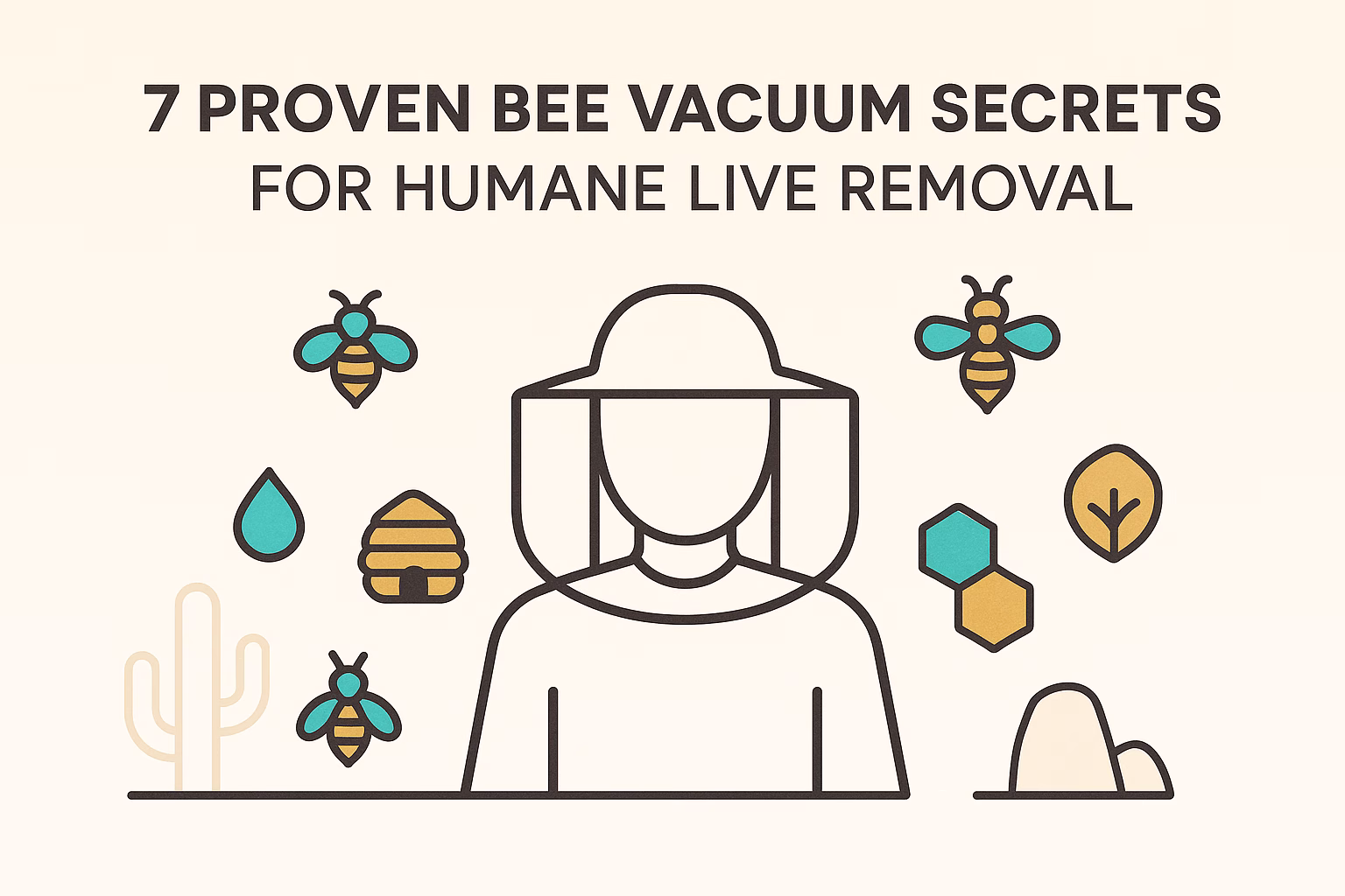 7 proven bee vacuum secrets for humane live removal, featuring a person with a protective hat among bees and nature elements.