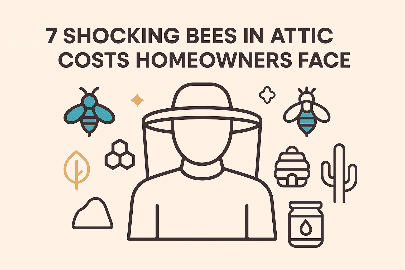 7 shocking bees in attic costs homeowners face, illustrated with bees, a beekeeper silhouette, and related icons.