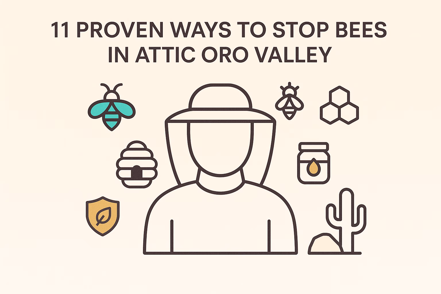 11 proven ways to stop bees in attic Oro Valley, featuring bees, a beekeeper, honey, and local cacti.