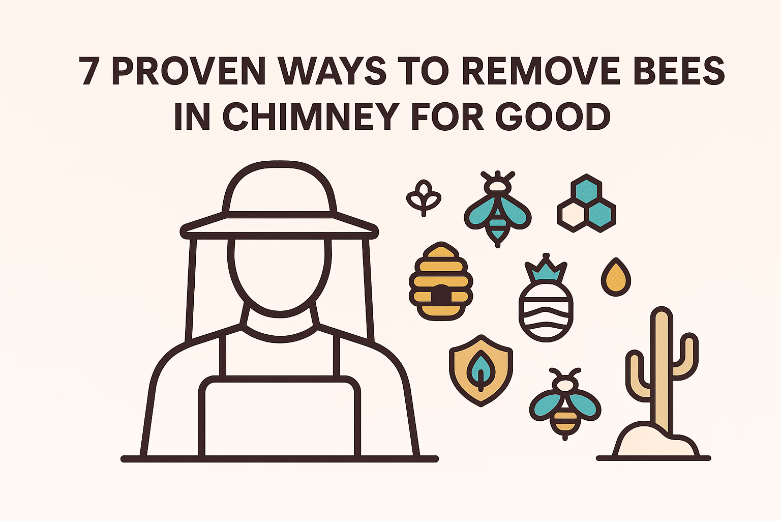 7 proven ways to remove bees in chimney for good, featuring an icon of a beekeeper and various bee-related graphics.