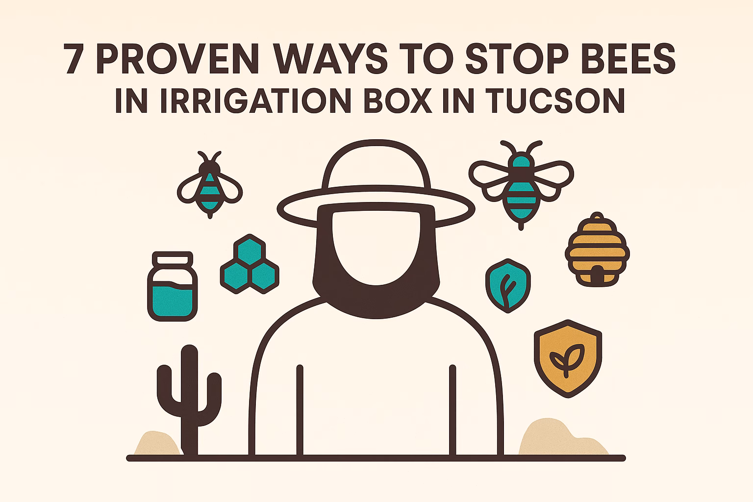 7 proven ways to stop bees in irrigation box, illustrated with icons and a person wearing a hat in a desert setting.