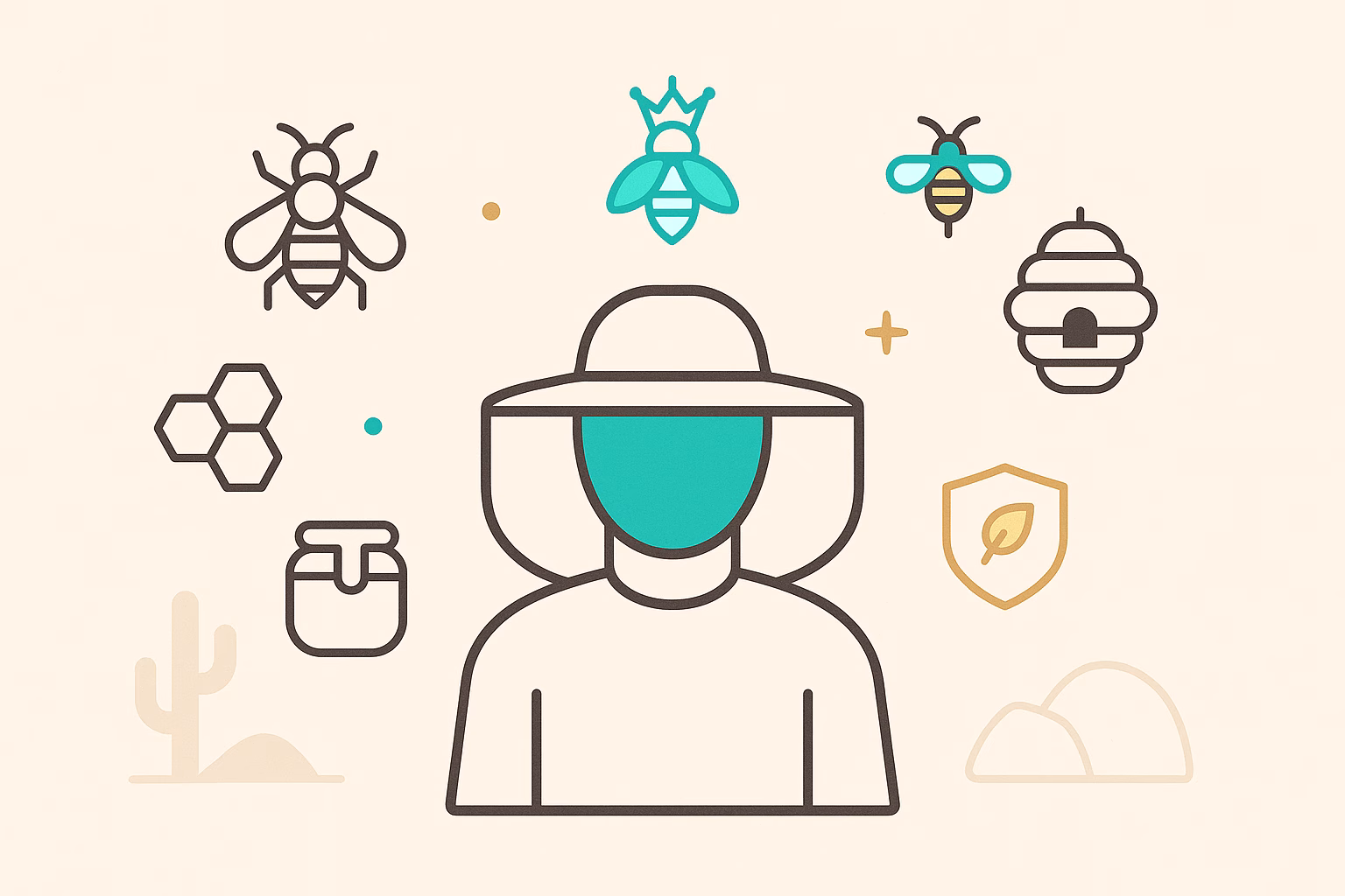 Bees in stucco weep screed Tucson are represented alongside a beekeeper, honey jar, and bee icons.