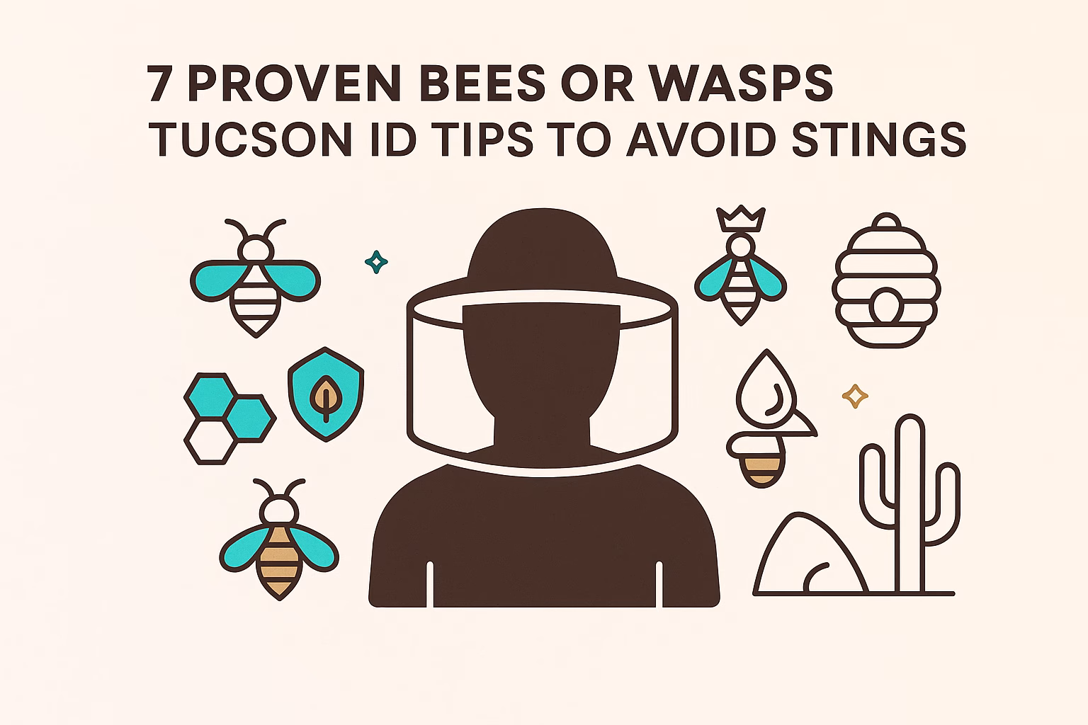 7 proven bees or wasps Tucson ID tips with icons of bees, a beekeeper, and cacti to help avoid stings.