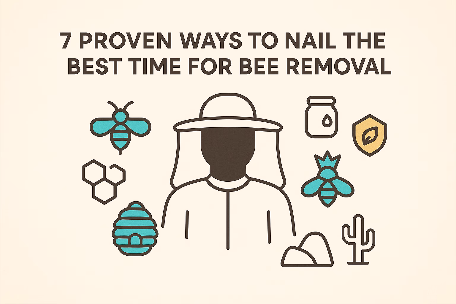 7 proven strategies for identifying the best time for bee removal, featuring bees, a beekeeper, and related icons.