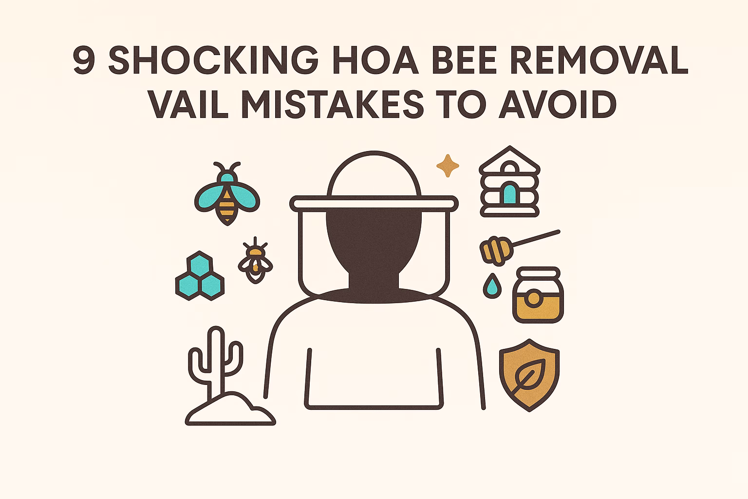 9 mistakes to avoid in HOA bee removal Vail with icons of bees, honey, and a beekeeper.