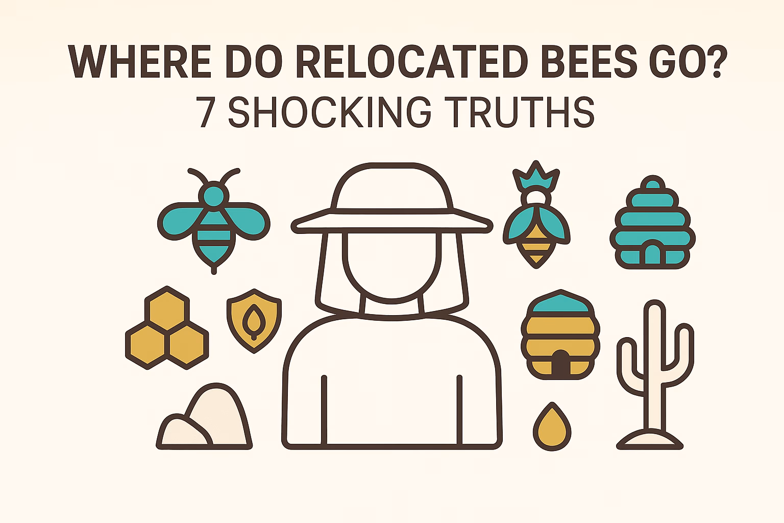 Where do relocated bees go? A person in a hat surrounded by images of bees, hives, honey, and nature icons.