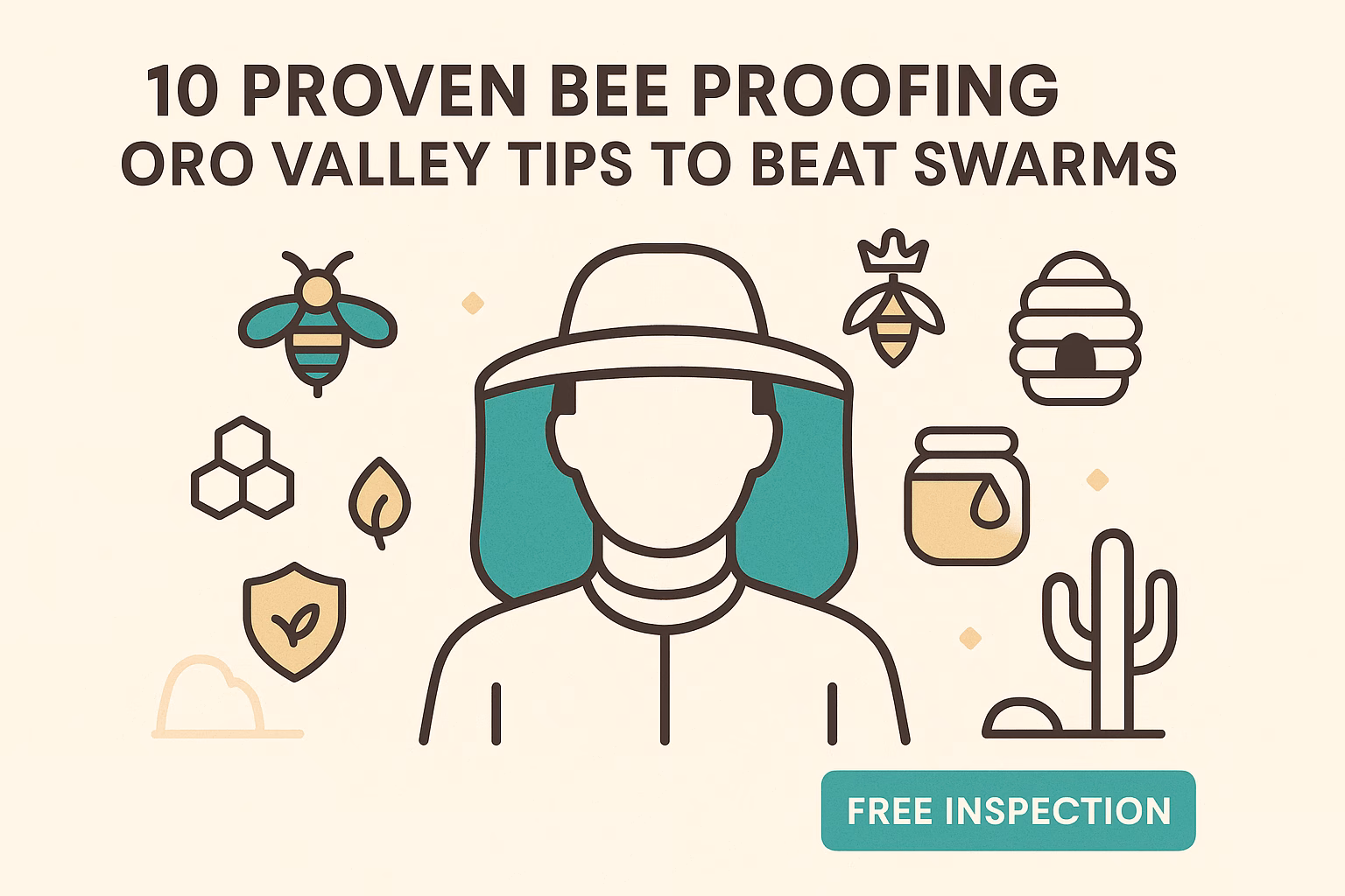 10 proven bee proofing Oro Valley tips are featured, with icons of bees, hives, and a free inspection offer.