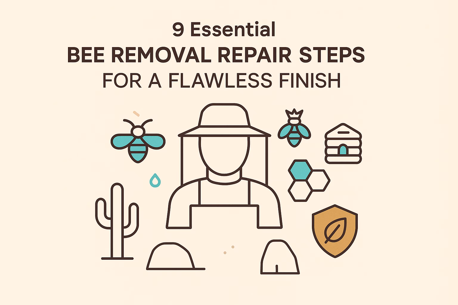 9 essential bee removal repair steps with icons of bees, honeycomb, and a figure wearing a hat and apron.