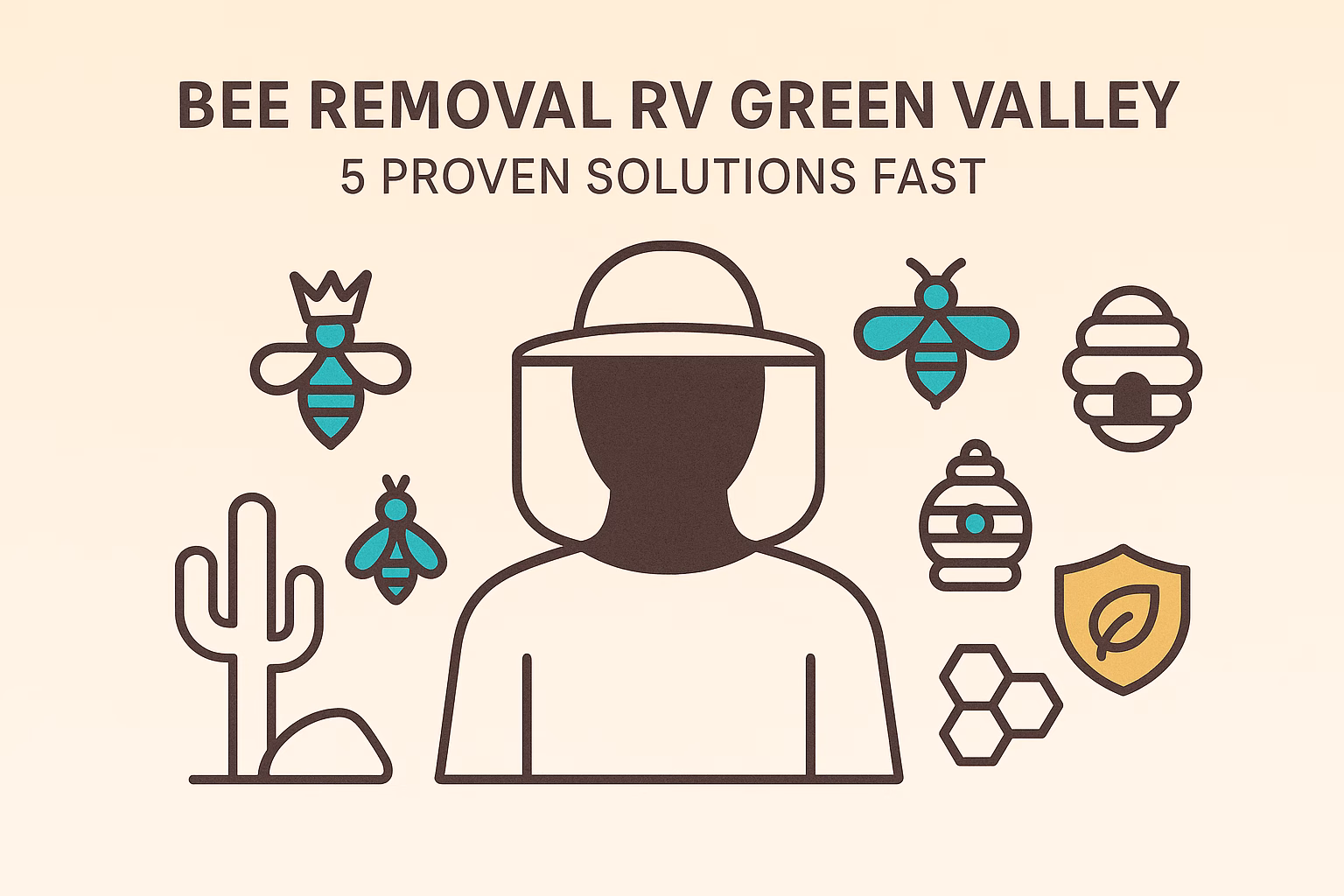 Bee removal RV Green Valley with a beekeeper, bees, hives, cactus, and five solutions displayed.