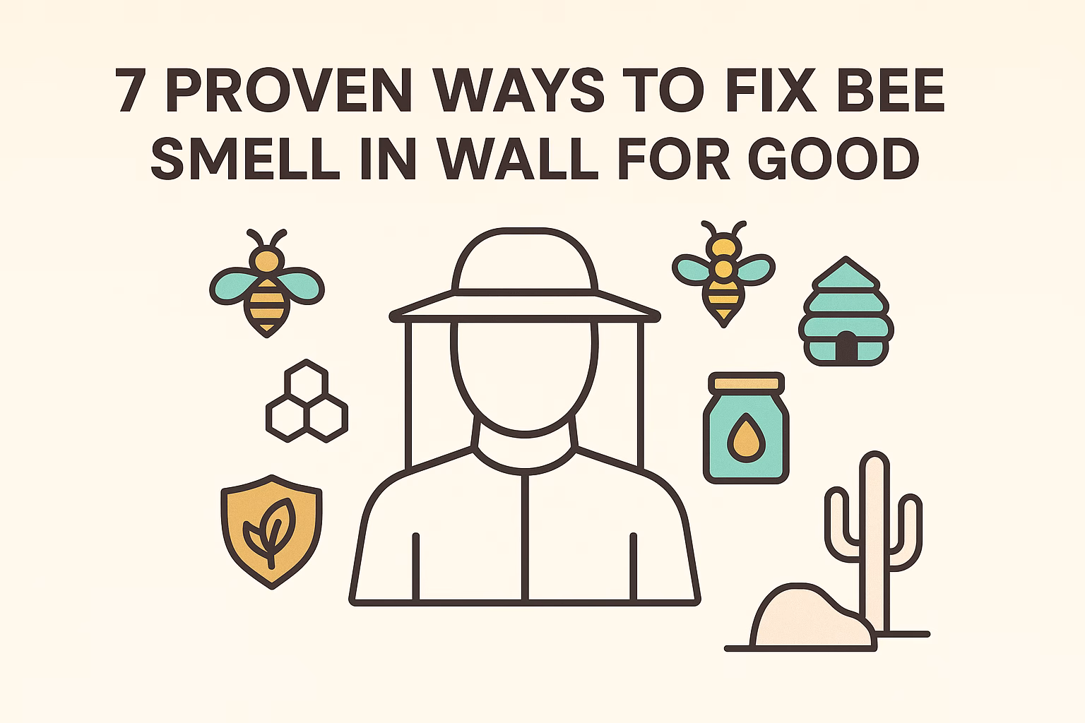 7 proven ways to fix bee smell in wall for good, featuring icons of bees, honey, and a beekeeper.