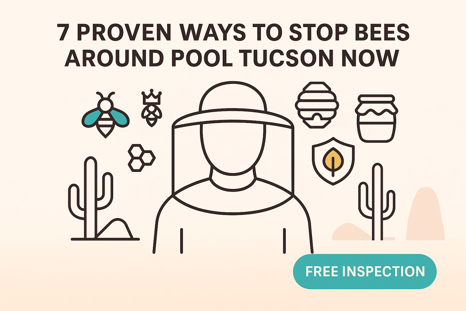 7 ways to stop bees around pool Tucson, featuring icons of bees, cacti, and honey, with a "Free Inspection" button.